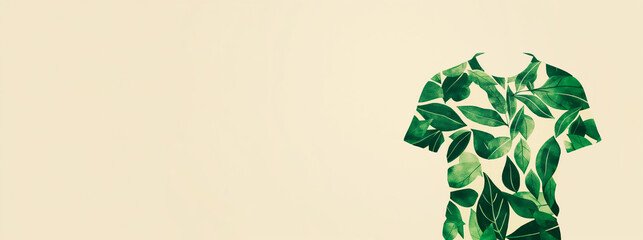 Leaf-patterned shirt on beige background with copy space. Concept of eco-friendly fashion and sustainable clothing